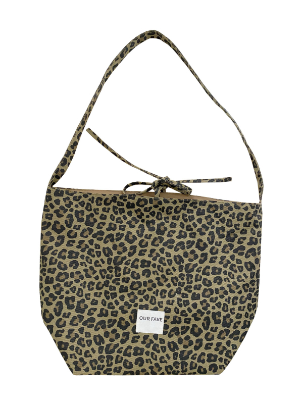 Dvostruka tote torba s crossbody remenom, platnena, leopard uzorak kariran, najlonska podstava, otvaranje špagom, džep sa zipom i džep za telefon