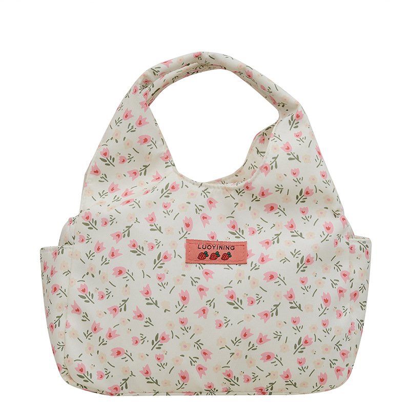 Najlonska bucket bag s malim cvjetnim uzorkom za svakodnevnu upotrebu, horizontalni kvadratni oblik, zatvarač, podstava od poliestera, unutarnje džepove za telefon i osobnu iskaznicu, street stil, ljeto 2024