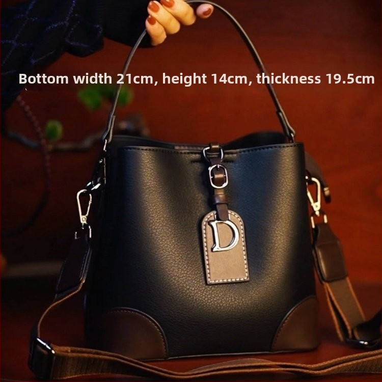 Mld031 Geantă Bucket din PU cu Curele Double, Închidere cu Fermoar, Buzunare Interioare pentru Telefon și Documente, Căptușeală din Poliester