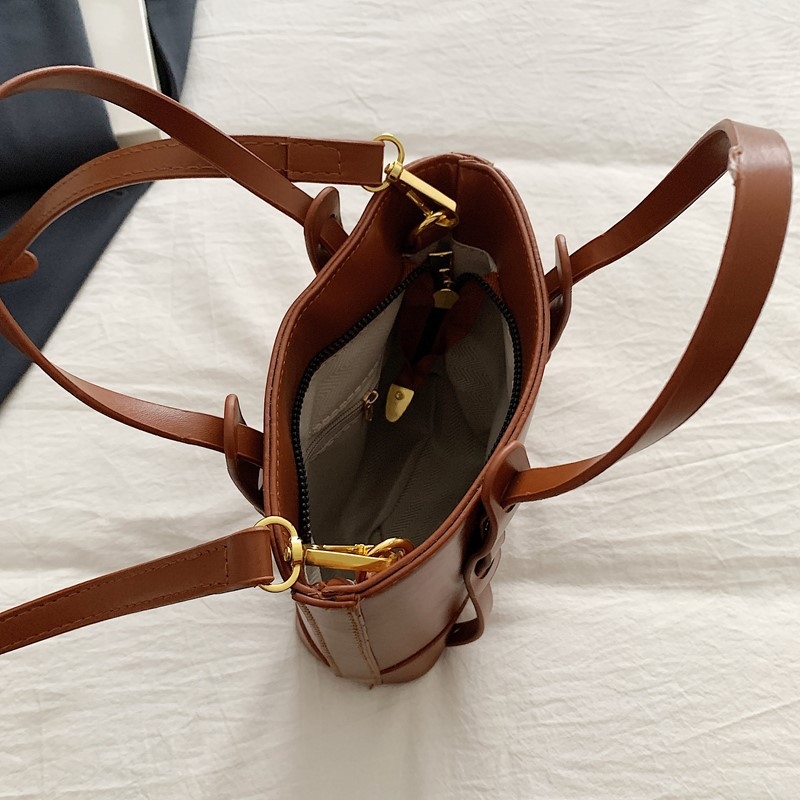 Geantă bucket din PU pentru femei - închidere cu fermoar, căptușeală poliester, buzunar pentru telefon, curea de umăr simplă, Toamnă 2025