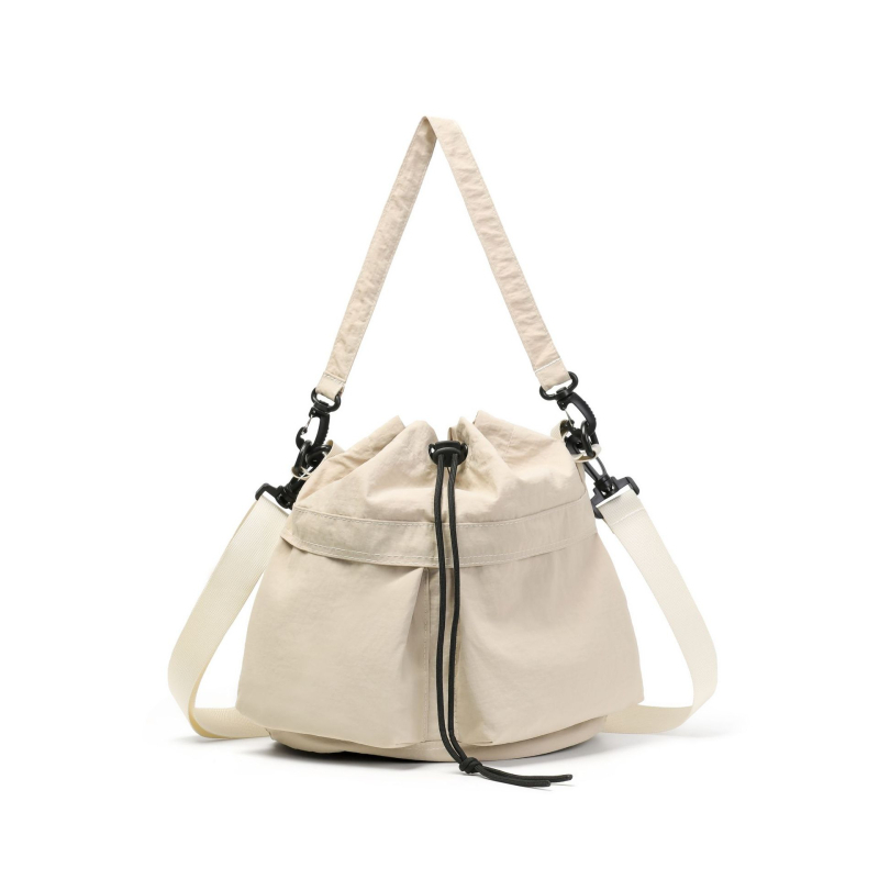 Geantă bucket din nylon cu închidere cu șnur, căptușeală poliester, buzunare interioare pentru telefon și documente, stil japonez-coreean