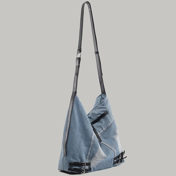 Geantă bucket din denim și canvas, stil retro japonez-coreean, căptușeală din țesătură, toamnă 2025