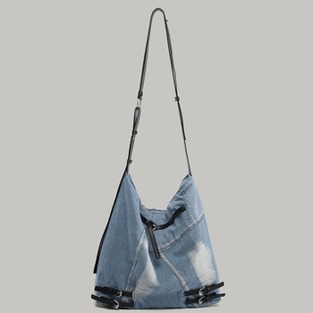 Geantă bucket din denim și canvas, stil retro japonez-coreean, căptușeală din țesătură, toamnă 2025