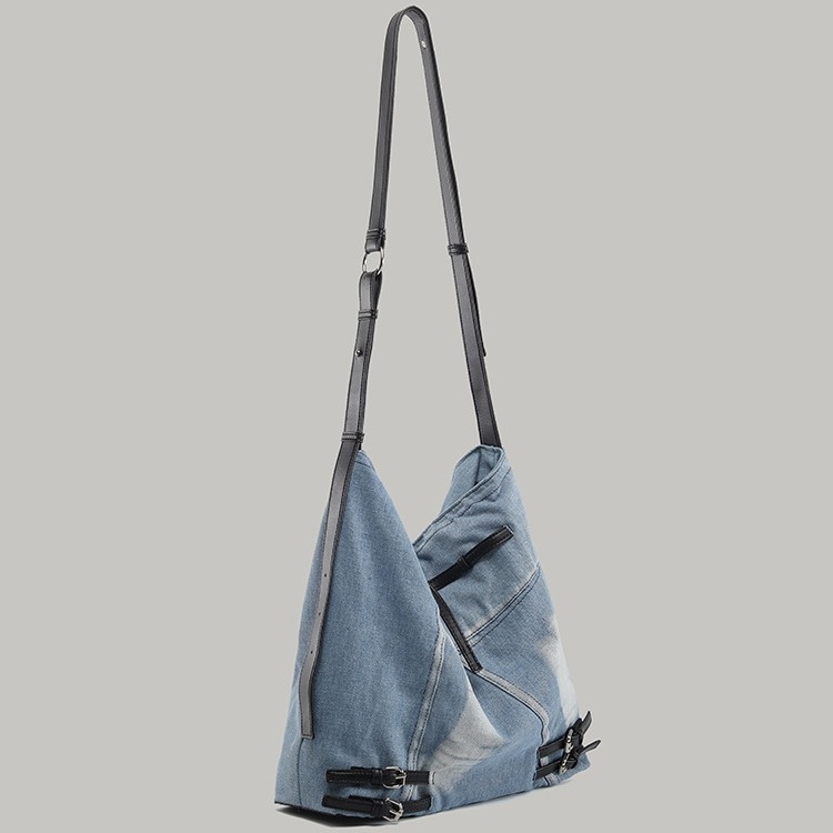 Geantă bucket din denim și canvas, stil retro japonez-coreean, căptușeală din țesătură, toamnă 2025