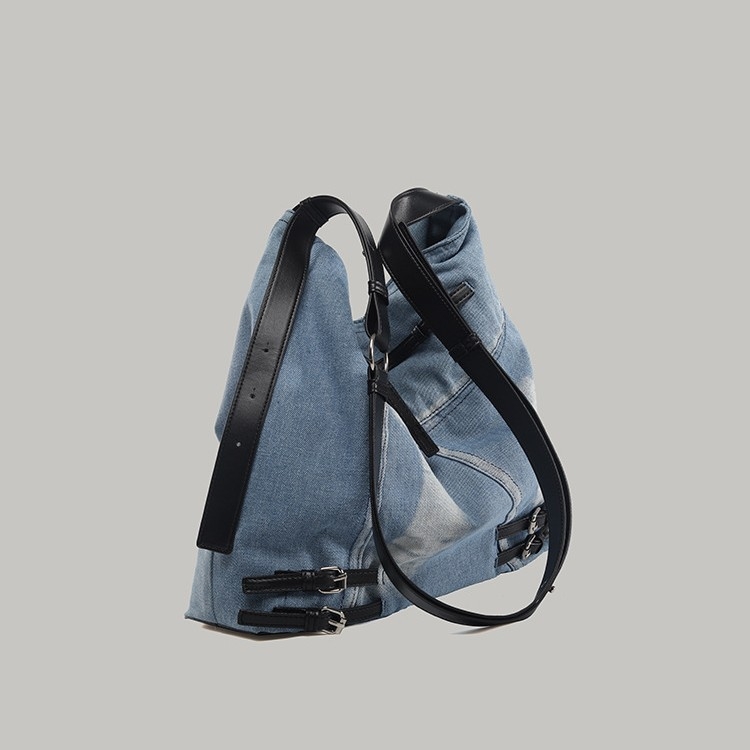 Geantă bucket din denim și canvas, stil retro japonez-coreean, căptușeală din țesătură, toamnă 2025