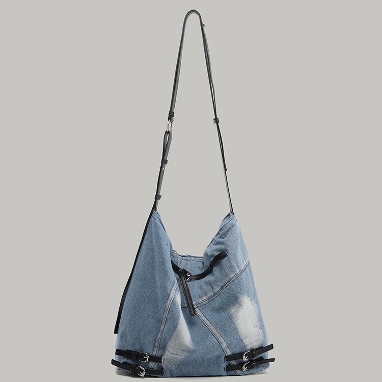 Geantă bucket din denim și canvas, stil retro japonez-coreean, căptușeală din țesătură, toamnă 2025