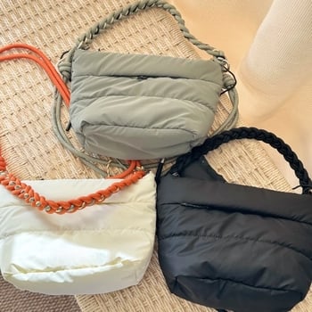 Geantă bucket cilindrică, material poliester-coton, curele duble pentru crossbody și mână, închidere cu fermoar, buzunar intern cu fermoar