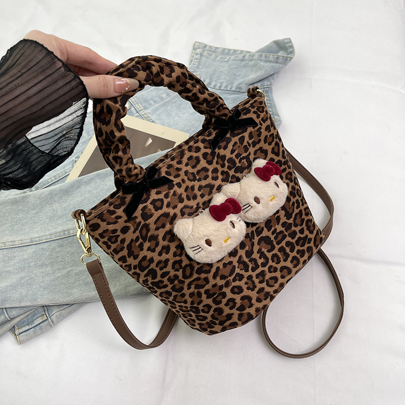 Nylon torba za žene bucket tote s leopard uzorkom, velika zapremina, zatvaranje na zip, poliester podstava, džep za telefon