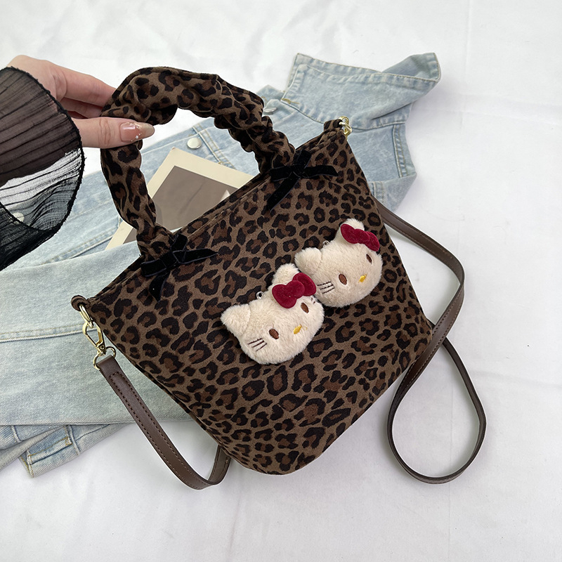 Nylon torba za žene bucket tote s leopard uzorkom, velika zapremina, zatvaranje na zip, poliester podstava, džep za telefon