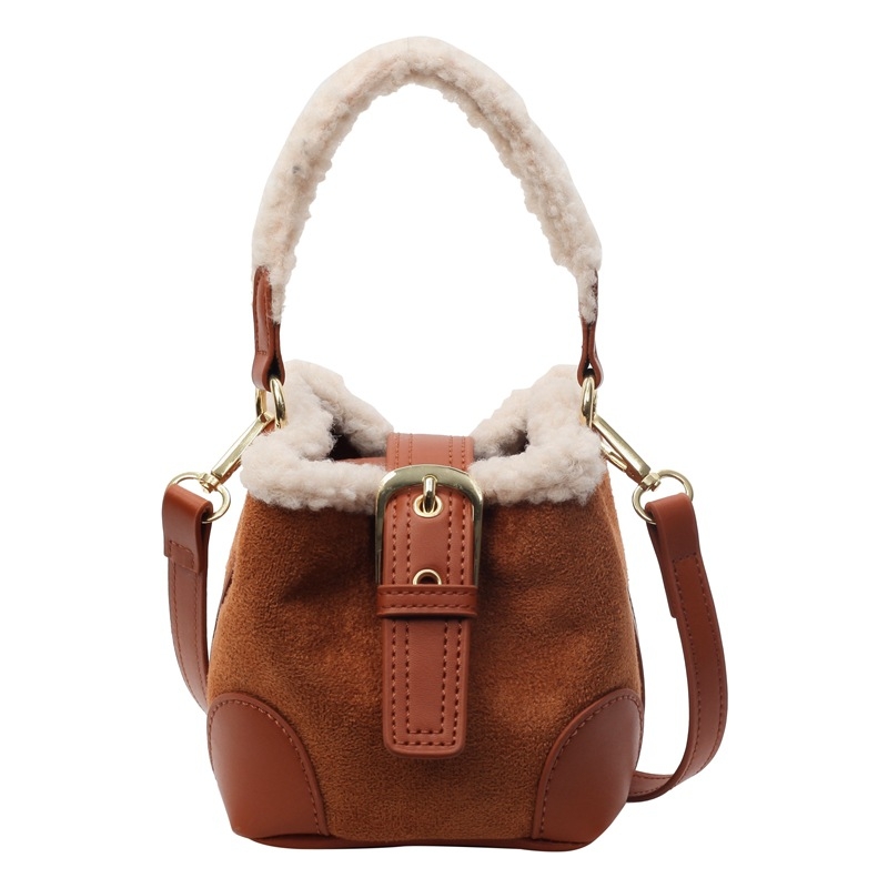 PU bucket torba s pliš ovčjom vunom, urban stil, magnetska kopča, poliester podstava