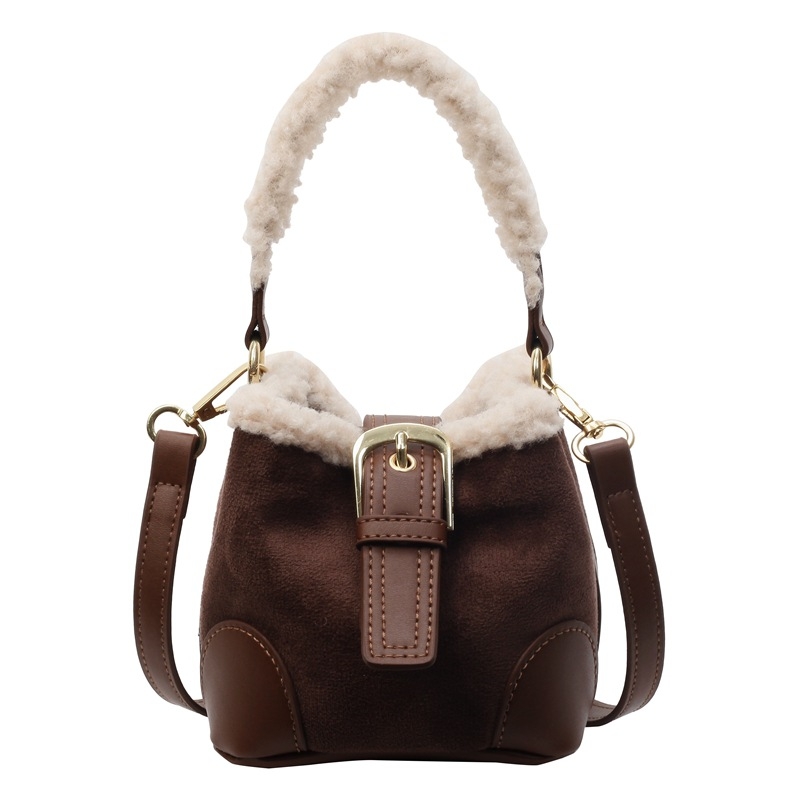 PU bucket torba s pliš ovčjom vunom, urban stil, magnetska kopča, poliester podstava