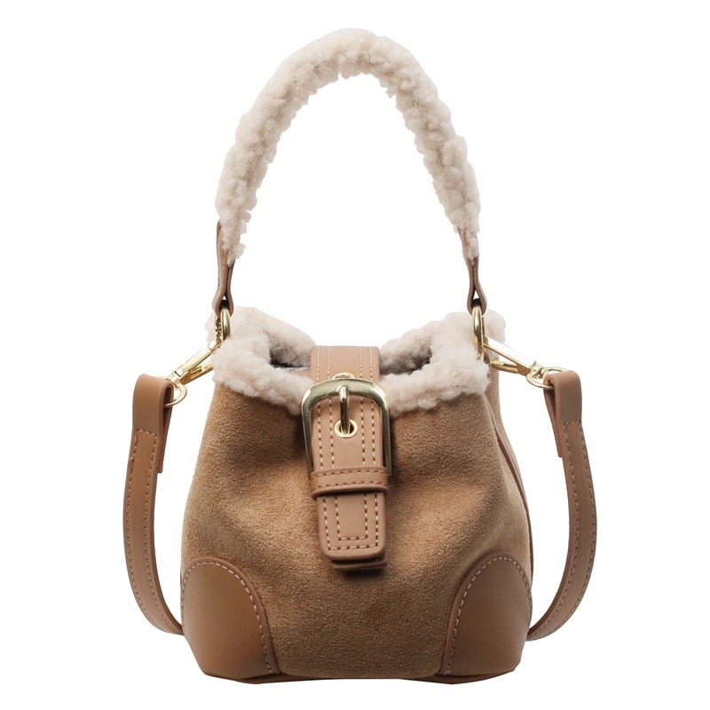 PU bucket torba s pliš ovčjom vunom, urban stil, magnetska kopča, poliester podstava