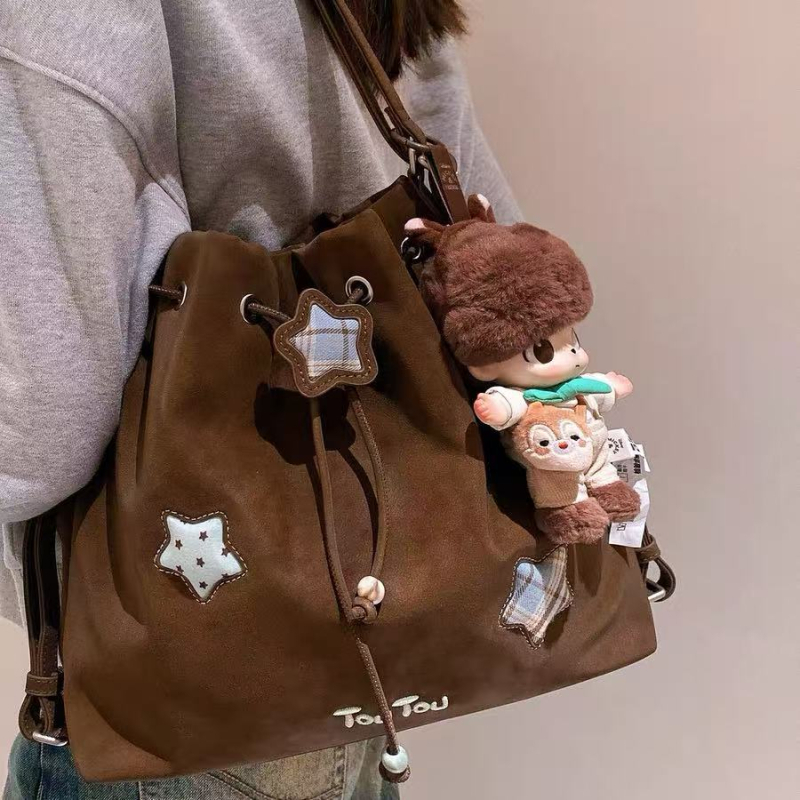 Unisex PU bucket torba sa zatvaranjem na špagu, uspravnog kvadratnog oblika tote, s džepom na zip i džepom za telefon