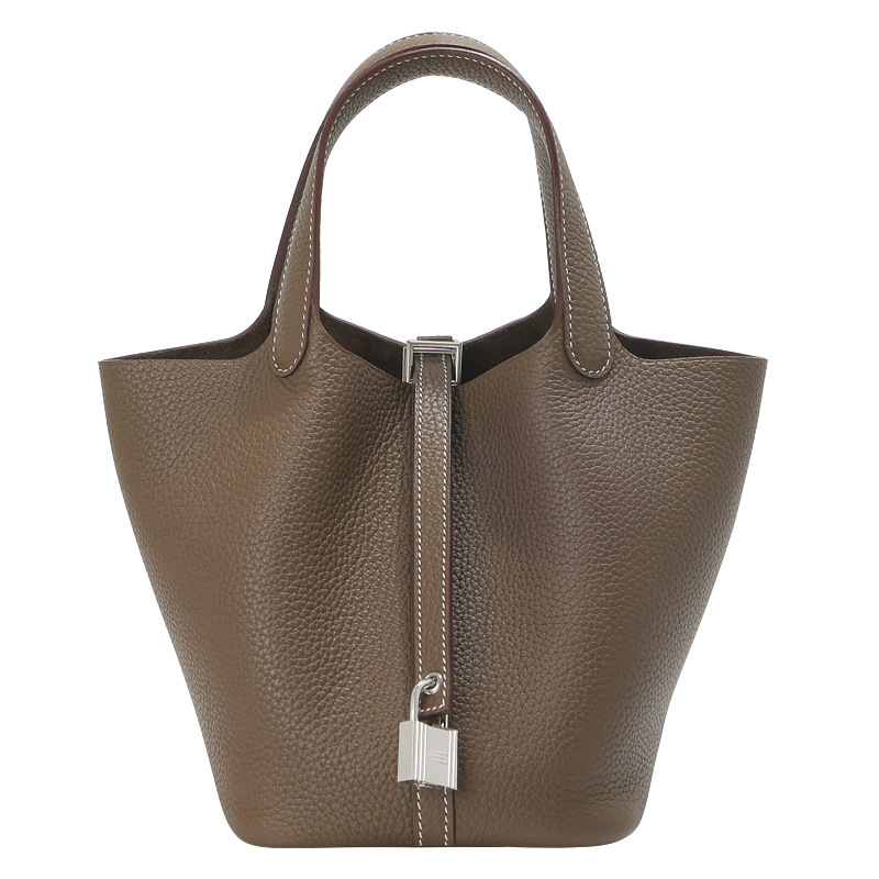 Kamiti ženska kožna bucket torba, velika kapaciteta, gradski minimalistički stil, podstava od prave kože