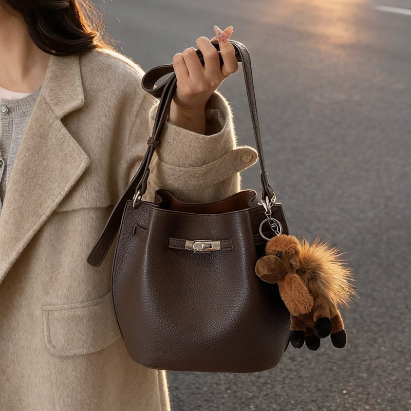 Ženska bucket torba, PU materijal, ramenski crossbody, poliester podstava, zaključavanje na ključ