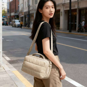 Nylon mini keresztbody kozmetikai táska cipzárral, városi minimalista stílus, függőleges négyzetes forma, belső laminált zseb, egypántos