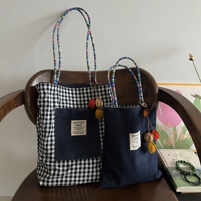 Torbica tote u američkom stilu, dvostrana, od denima i platna, za svakodnevnu upotrebu, s vintage kontrastnim detaljima