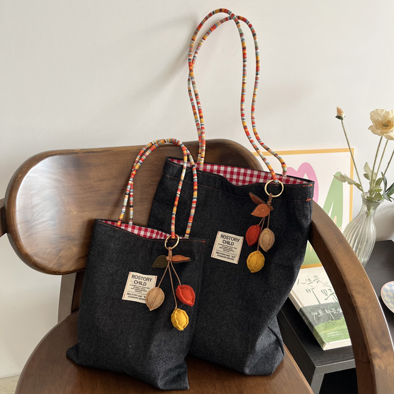 Torbica tote u američkom stilu, dvostrana, od denima i platna, za svakodnevnu upotrebu, s vintage kontrastnim detaljima