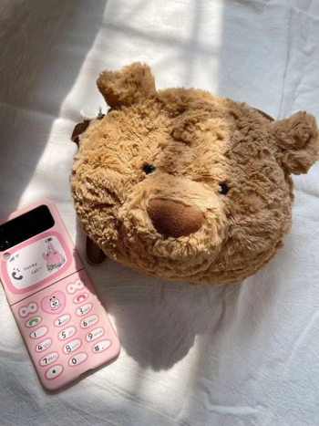 Plišana torba preko ramena s glavom medvjeda, džep za telefon, okrugli oblik, zatvarač, poliester podstava