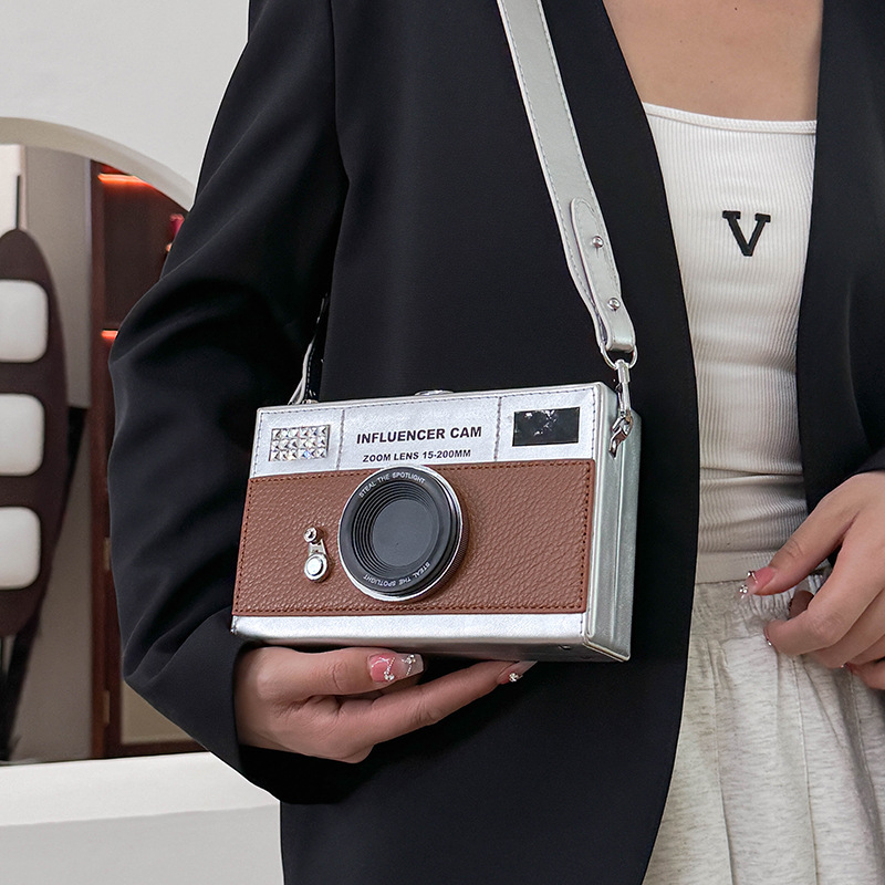 Ženska PU kožna torbica za fotoaparat, vodoravni kvadratni oblik, zaključavanje, džep za mobitel, naramenica