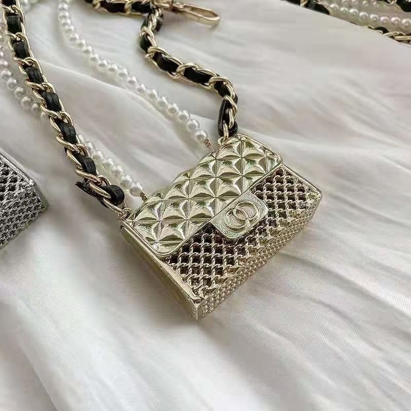 Ženska crossbody torbica od metala s dutim dvostrukim krugom, perle ukrasi, dvostruki lančani remen, vodoravni kvadratni oblik
