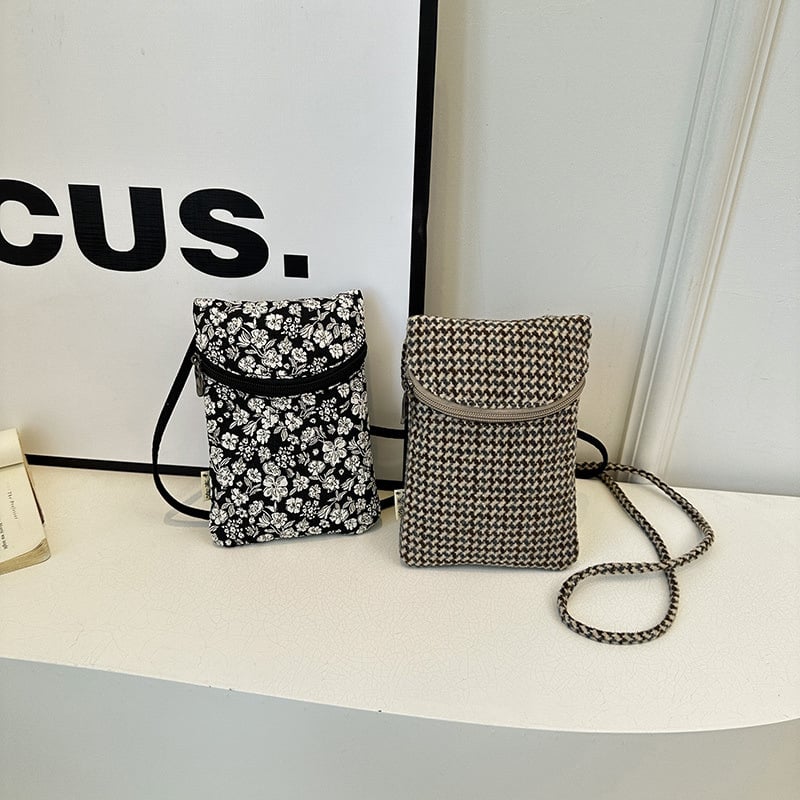 Crossbody torbica za telefon, mini kvadratnog oblika, pamuk, zatvarač, džep za telefon