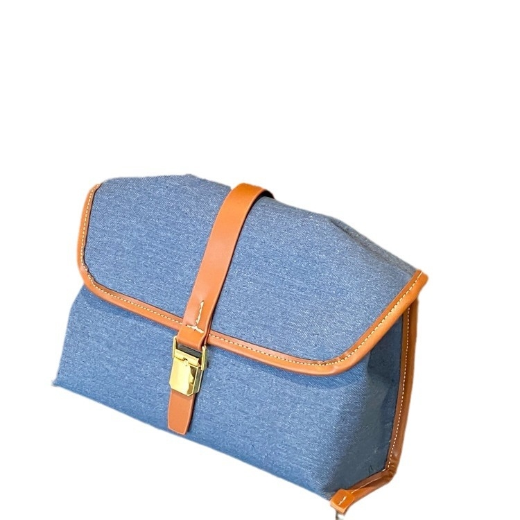 Ženska denim crossbody torba - horizontalnog kvadrata oblika, otvor s poklopcem, džep za mobitel