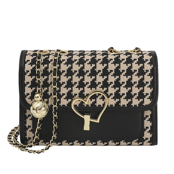 Torba od PU s uzorkom houndstooth, zatvaranje latch, horizontalni kvadratni oblik, podstava od umjetne kože, unutarnji džepovi, jedna remenica za rame
