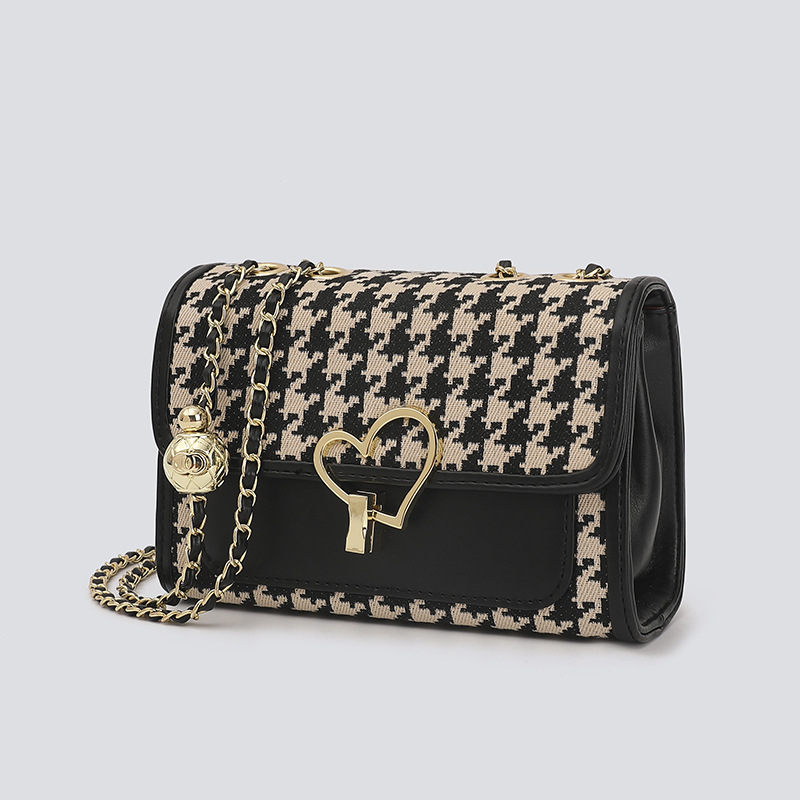 Torba od PU s uzorkom houndstooth, zatvaranje latch, horizontalni kvadratni oblik, podstava od umjetne kože, unutarnji džepovi, jedna remenica za rame