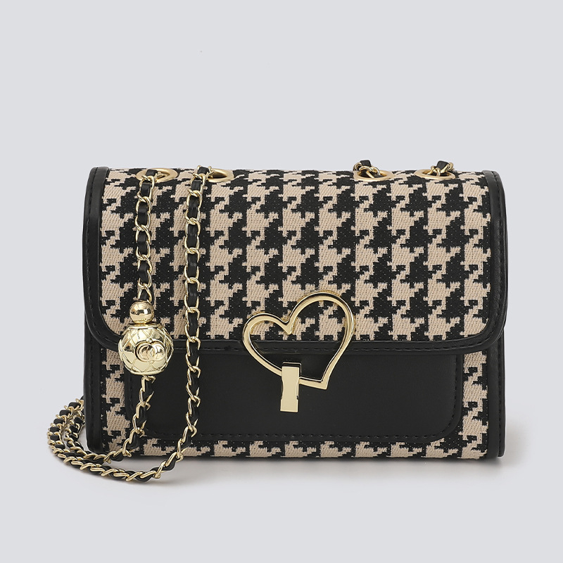 Torba od PU s uzorkom houndstooth, zatvaranje latch, horizontalni kvadratni oblik, podstava od umjetne kože, unutarnji džepovi, jedna remenica za rame