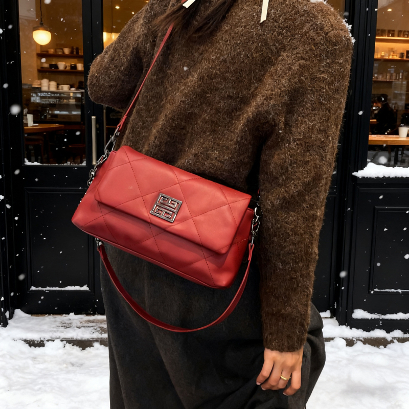 Torba za ramena s dijamantnim prešivanjem, PU materijal, zatvaranje s kapom, unutarnja zip kapsa, jednoručni remen, Zima 2025