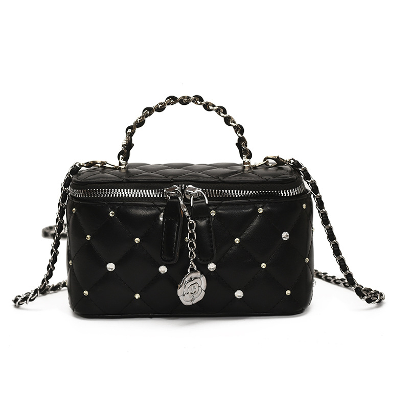 Torba za rame s dijamantnom lancem, mini kvadratni oblik, PU koža, zatvarač, pretinac za ID