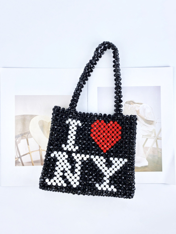 Ručne vyrobená tkaná taška s korálkami z akrylu, vertikálne štvorcový tvar, otvorené horné otváranie, vnútorné priehradky pre mobilný telefón a identifikačný preukaz