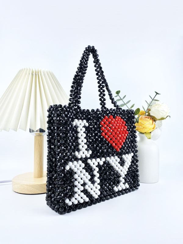 Ručne vyrobená tkaná taška s korálkami z akrylu, vertikálne štvorcový tvar, otvorené horné otváranie, vnútorné priehradky pre mobilný telefón a identifikačný preukaz