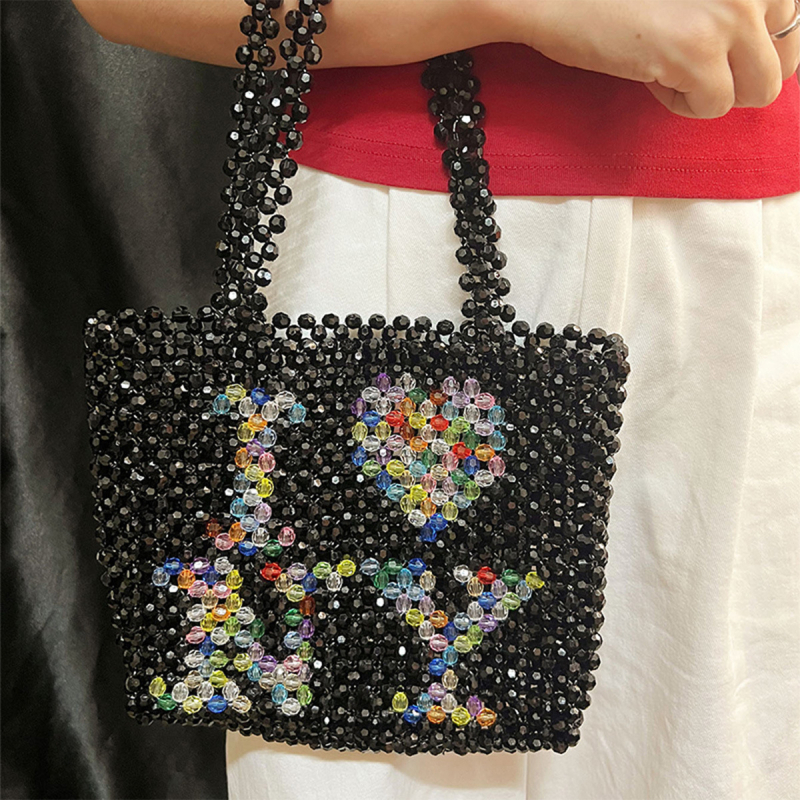 Ručne vyrobená tkaná taška s korálkami z akrylu, vertikálne štvorcový tvar, otvorené horné otváranie, vnútorné priehradky pre mobilný telefón a identifikačný preukaz