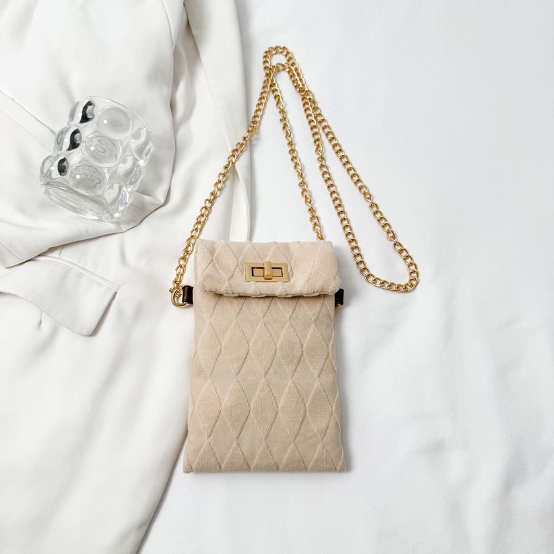 Geantă de damă cu model diamant, curea în lanț retro, finisaj velur, geantă pătrată în stil urban minimalist, formă vertical dreptunghiulară, închidere cu cataramă, căptușeală poliester, curea unică, corp moale, sezon iarnă 2025