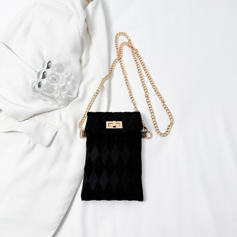 Geantă de damă cu model diamant, curea în lanț retro, finisaj velur, geantă pătrată în stil urban minimalist, formă vertical dreptunghiulară, închidere cu cataramă, căptușeală poliester, curea unică, corp moale, sezon iarnă 2025