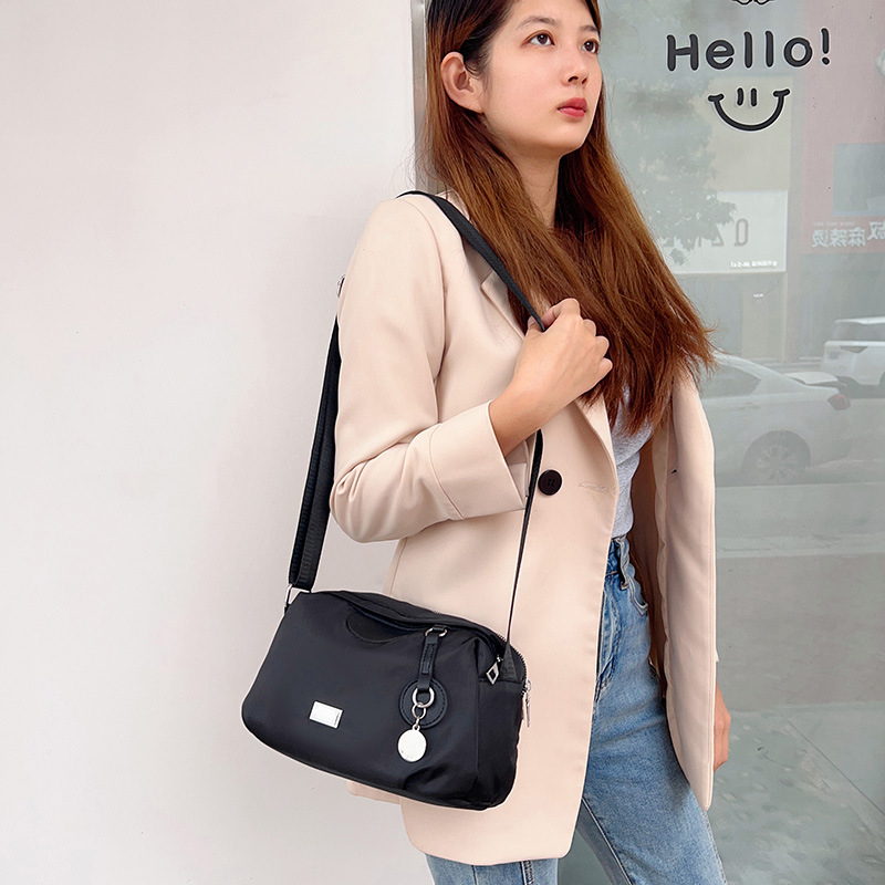 Geantă crossbody din nylon, în stil coreean, cu compartimente multiple, închidere cu fermoar