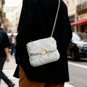 Chlupava crossbody torba s zaključavanjem, vodoravnog kvadratnog oblika, PU podstava, gradski minimalistički stil