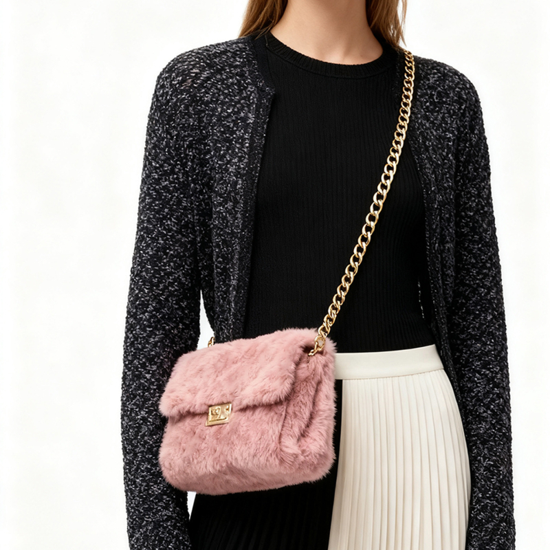 Chlupava crossbody torba s zaključavanjem, vodoravnog kvadratnog oblika, PU podstava, gradski minimalistički stil