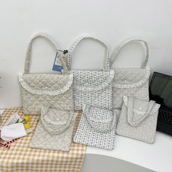 Geantă pentru tabletă în stil coreean, cu model floral și dantelă, respirabilă, ultraușoară, material poliester, căptușeală poliester