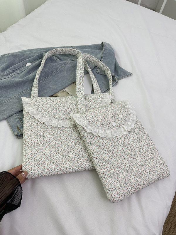 Geantă pentru tabletă în stil coreean, cu model floral și dantelă, respirabilă, ultraușoară, material poliester, căptușeală poliester