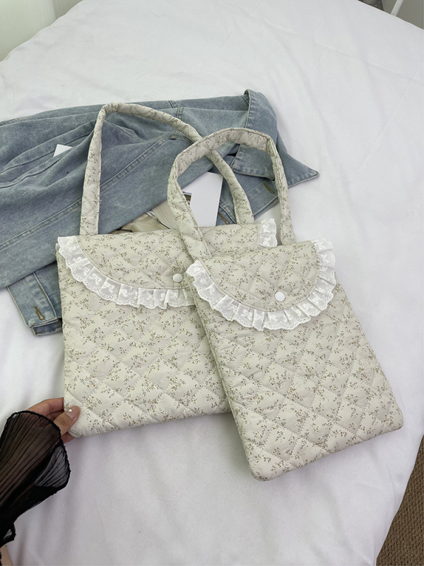 Geantă pentru tabletă în stil coreean, cu model floral și dantelă, respirabilă, ultraușoară, material poliester, căptușeală poliester