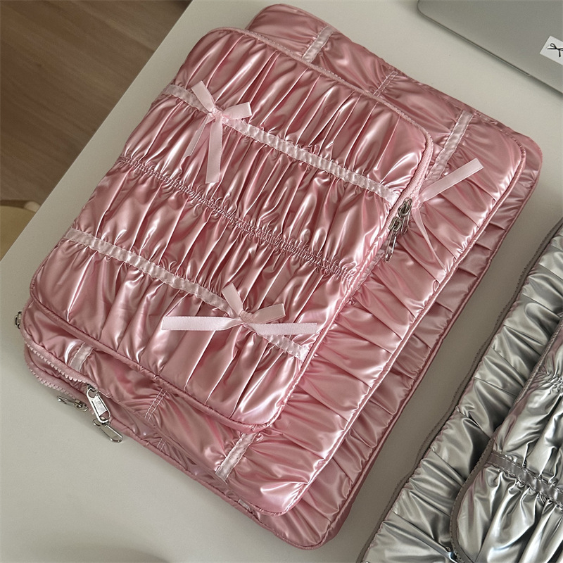 Geantă PU cu broderie și pliuri, funda, pentru iPad și laptop, căptușită poliester-bumbac, model feminin, lansare primăvară 2025