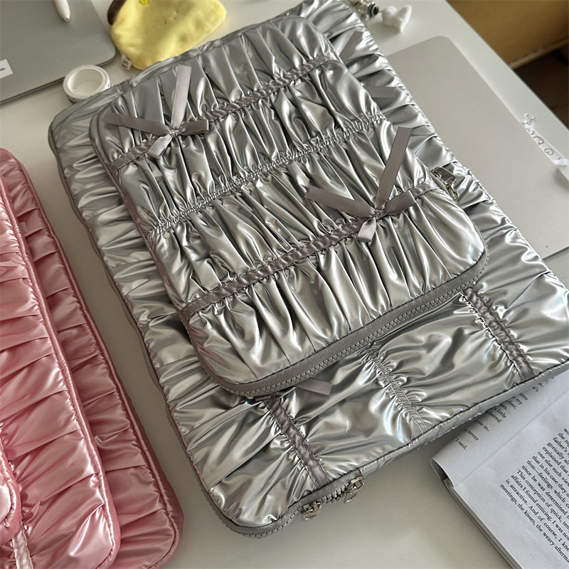 Geantă PU cu broderie și pliuri, funda, pentru iPad și laptop, căptușită poliester-bumbac, model feminin, lansare primăvară 2025