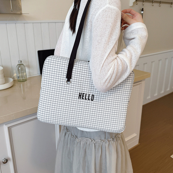 Geantă de laptop în stil Ins, cu design carouri și buzunar interior pentru iPad 11 inch, din nylon ușor, căptușeală din poliester, rezistentă