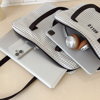 Geantă de laptop în stil Ins, cu design carouri și buzunar interior pentru iPad 11 inch, din nylon ușor, căptușeală din poliester, rezistentă