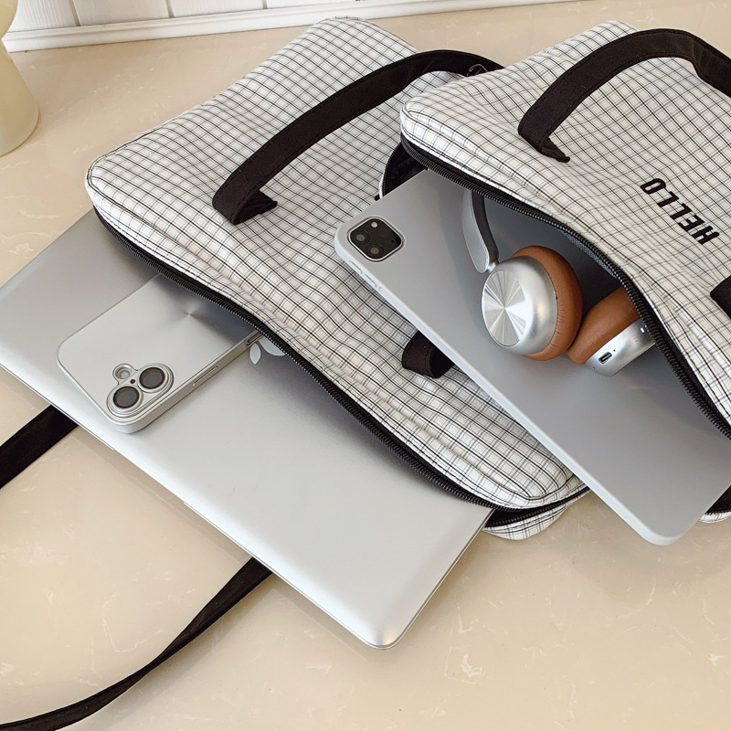 Geantă de laptop în stil Ins, cu design carouri și buzunar interior pentru iPad 11 inch, din nylon ușor, căptușeală din poliester, rezistentă