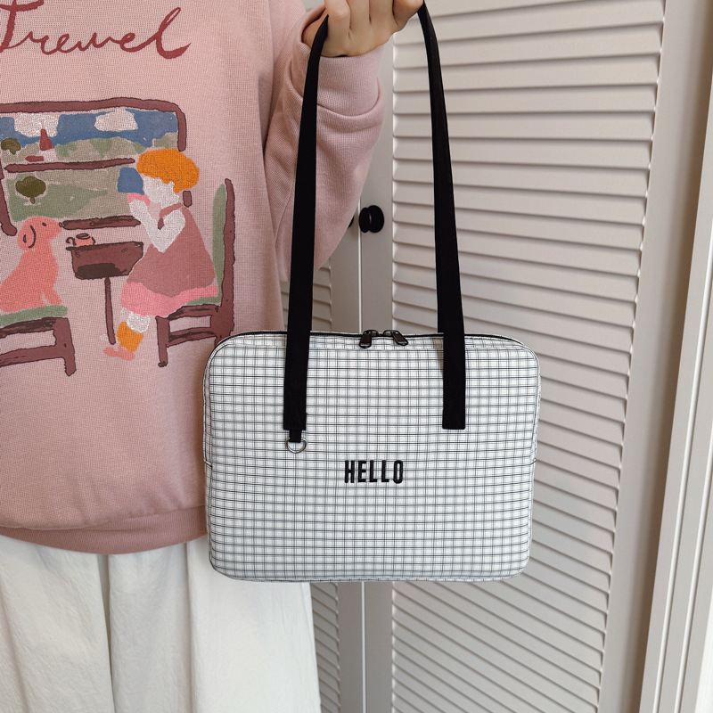 Geantă de laptop în stil Ins, cu design carouri și buzunar interior pentru iPad 11 inch, din nylon ușor, căptușeală din poliester, rezistentă