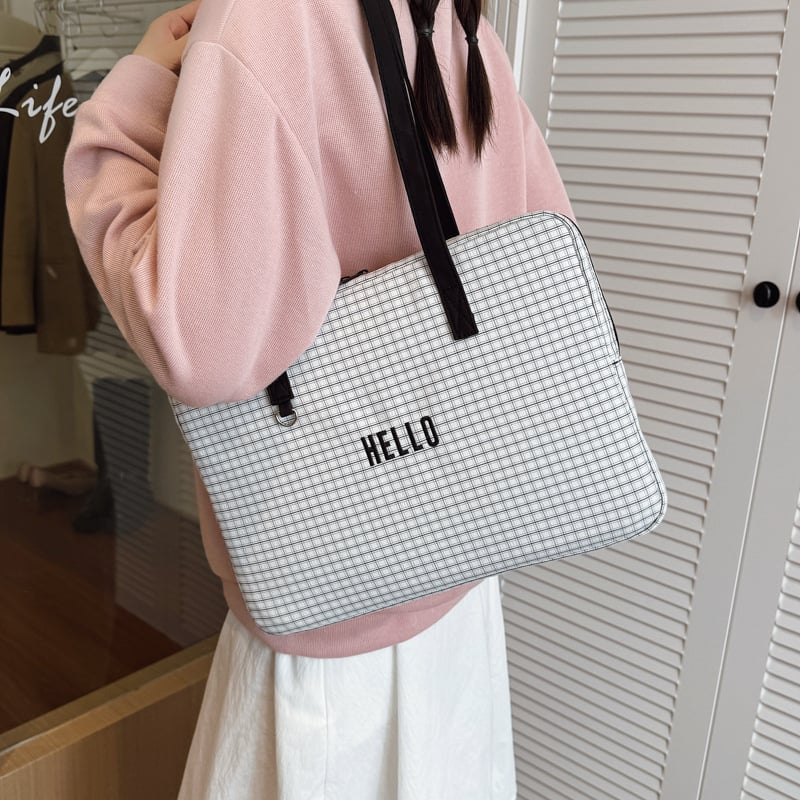 Geantă de laptop în stil Ins, cu design carouri și buzunar interior pentru iPad 11 inch, din nylon ușor, căptușeală din poliester, rezistentă